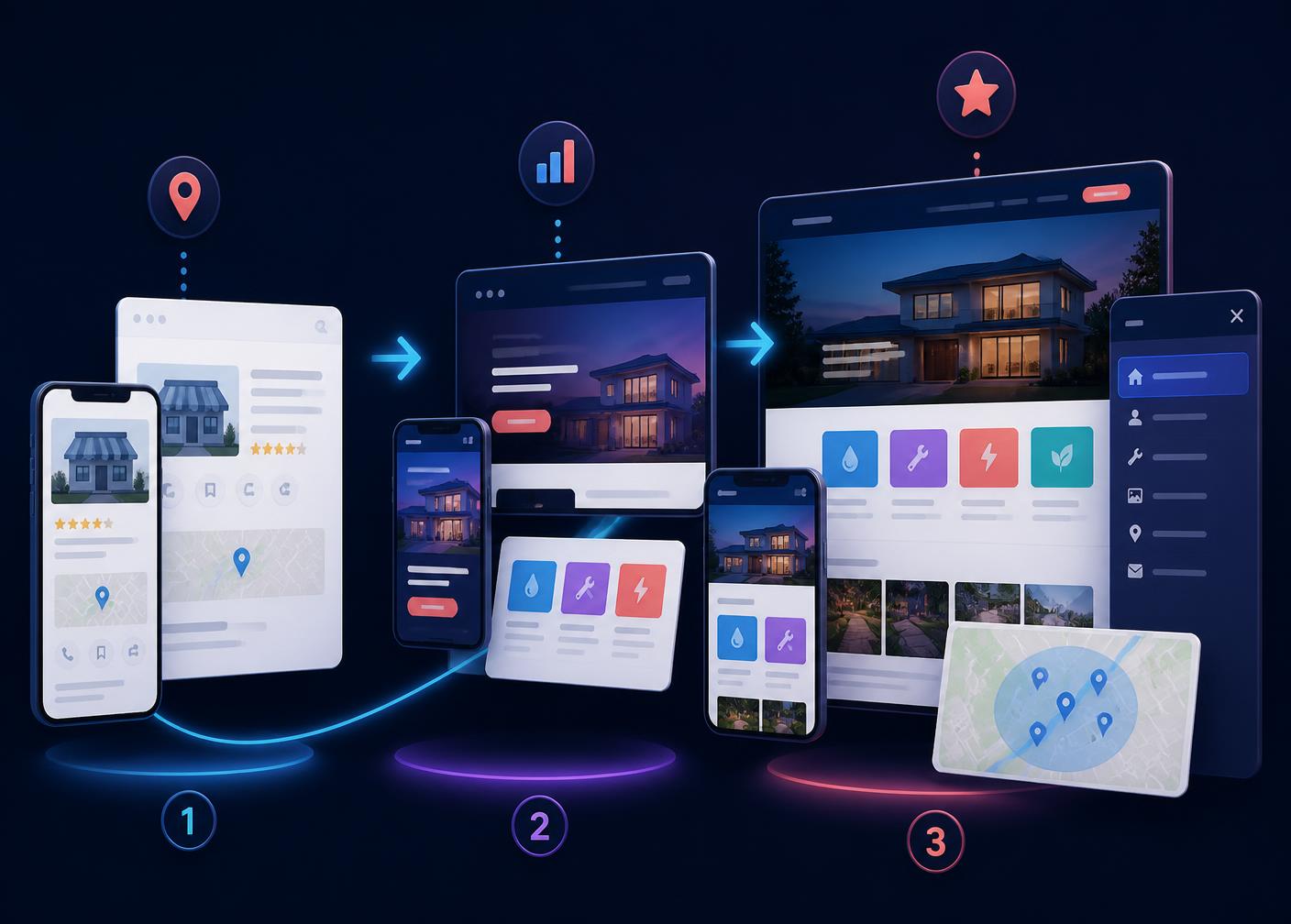 Illustration of a basic online listing becoming a polished multi-page website on phone and desktop